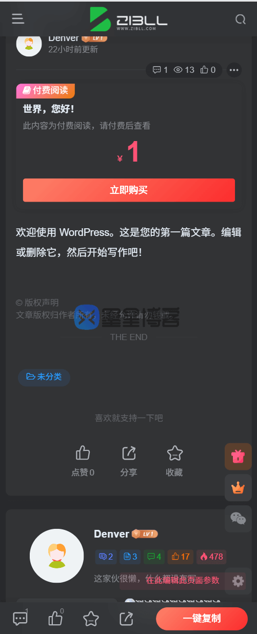 子比主题DIY - 实现移动端付费阅读底部立即购买改为一键复制文章内容-墨星博客 - 提升技术能力的必备资源教程网